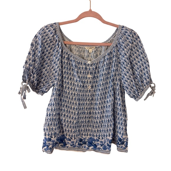 Max Studio London Blue Floral Peasant Top Women’s Small - Picture 1 of 11